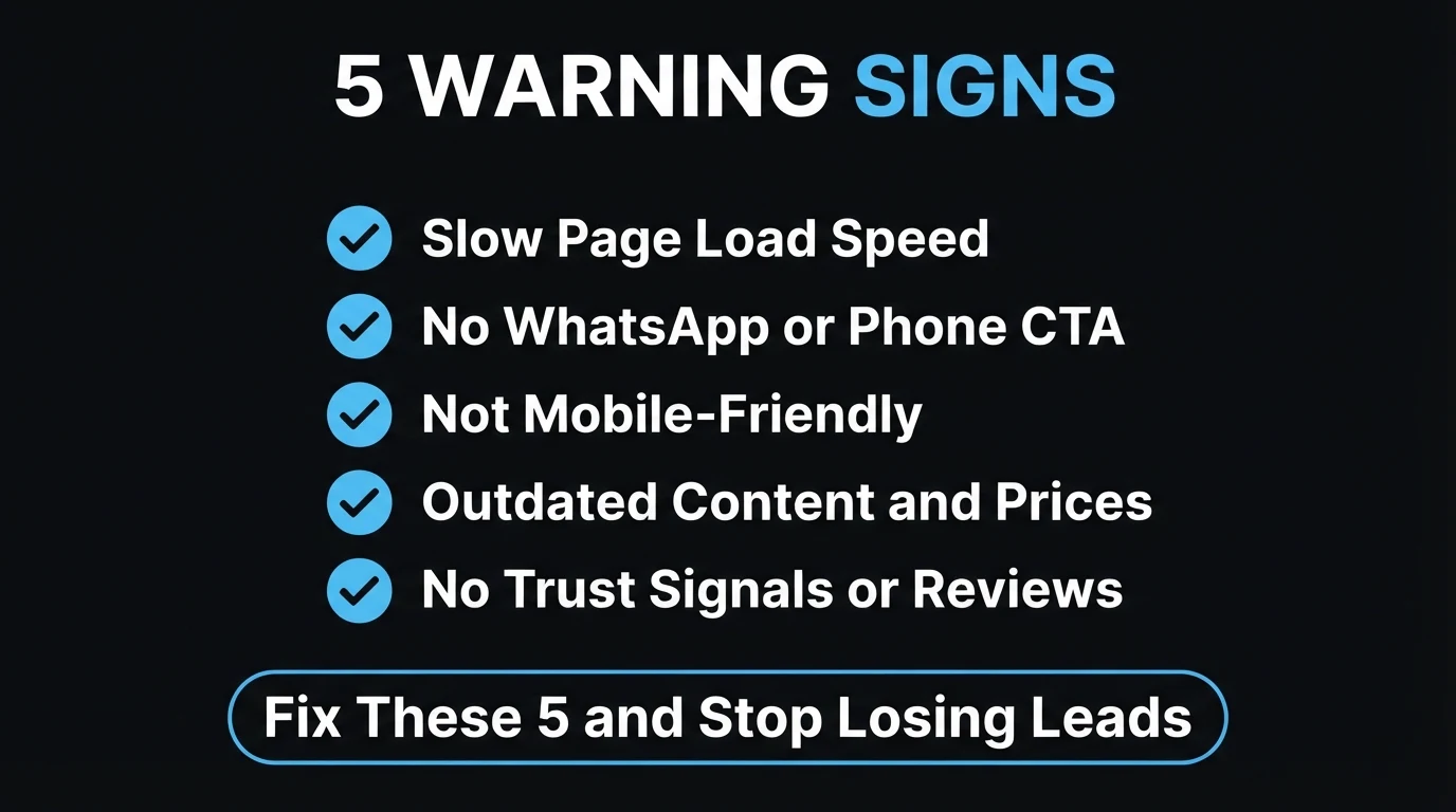 Checklist infographic of the 5 warning signs a website is losing customers: slow load speed, no WhatsApp or phone CTA, not mobile-friendly, outdated content and prices, no trust signals